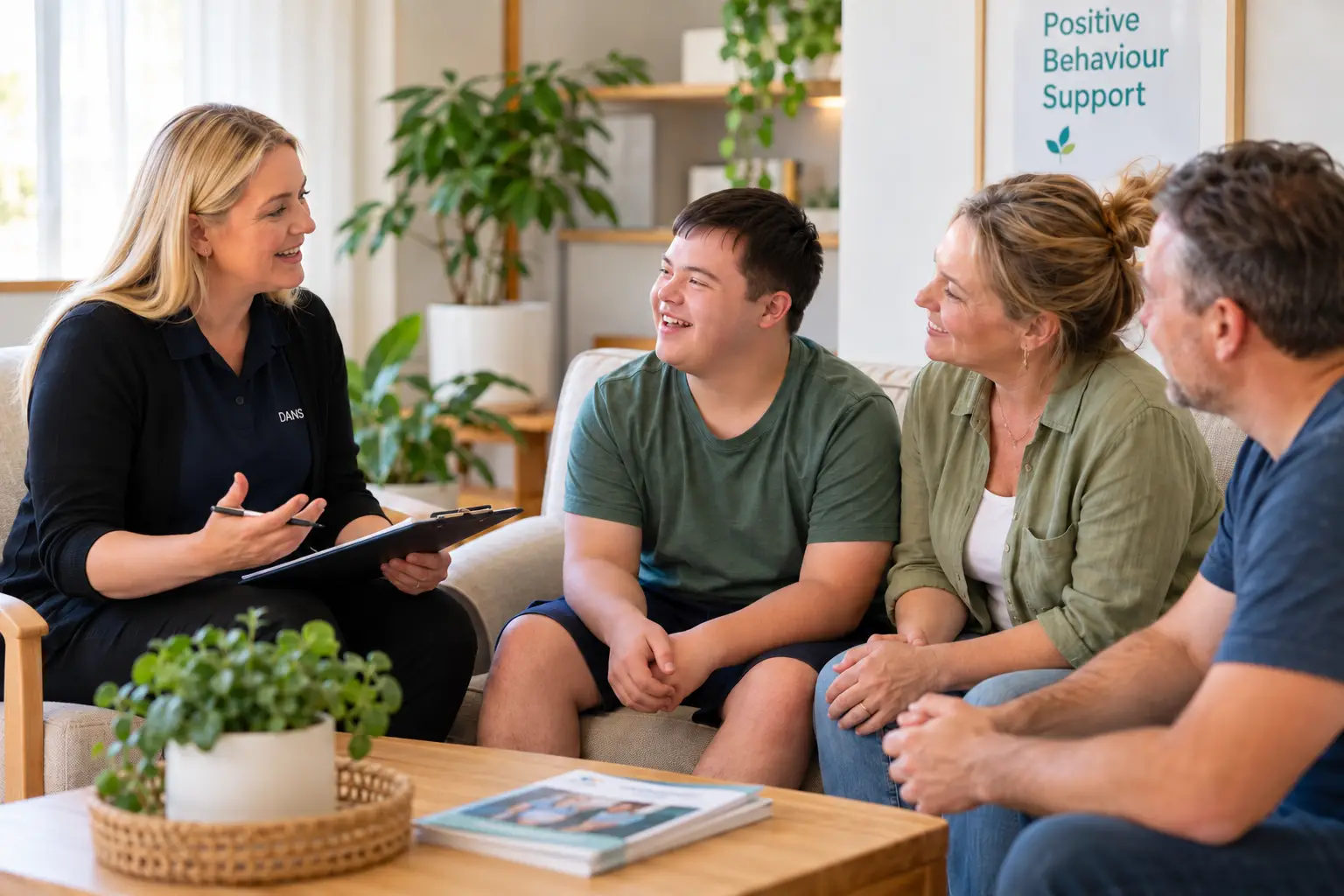 Behaviour support practitioner discussing positive behaviour support with a participant and family members in a home setting